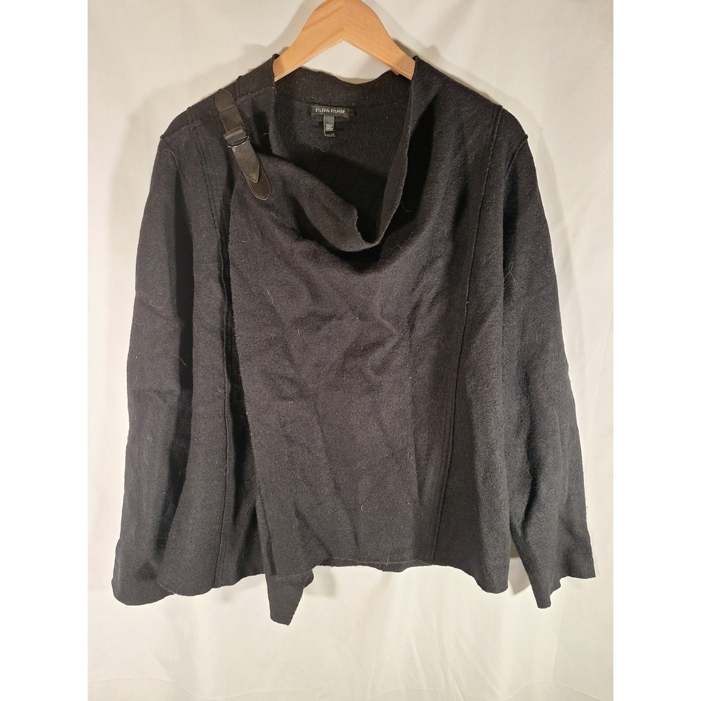 Eileen Fisher Womens XL Black 100% Wool Asymmetrical Leather Buckle Wrap Jacket